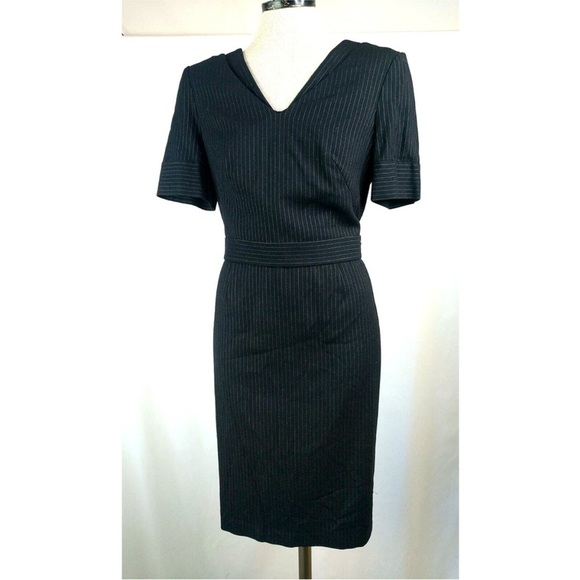 Escada Pinstripe Career Dress Double V Neck Midi Fitted Sheath Size 40/US 10 - Picture 1 of 13